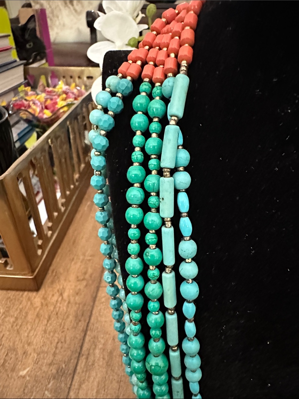 Multi-Strand Turquoise and Coral Beaded Statement Necklace - Picture 4 of 4